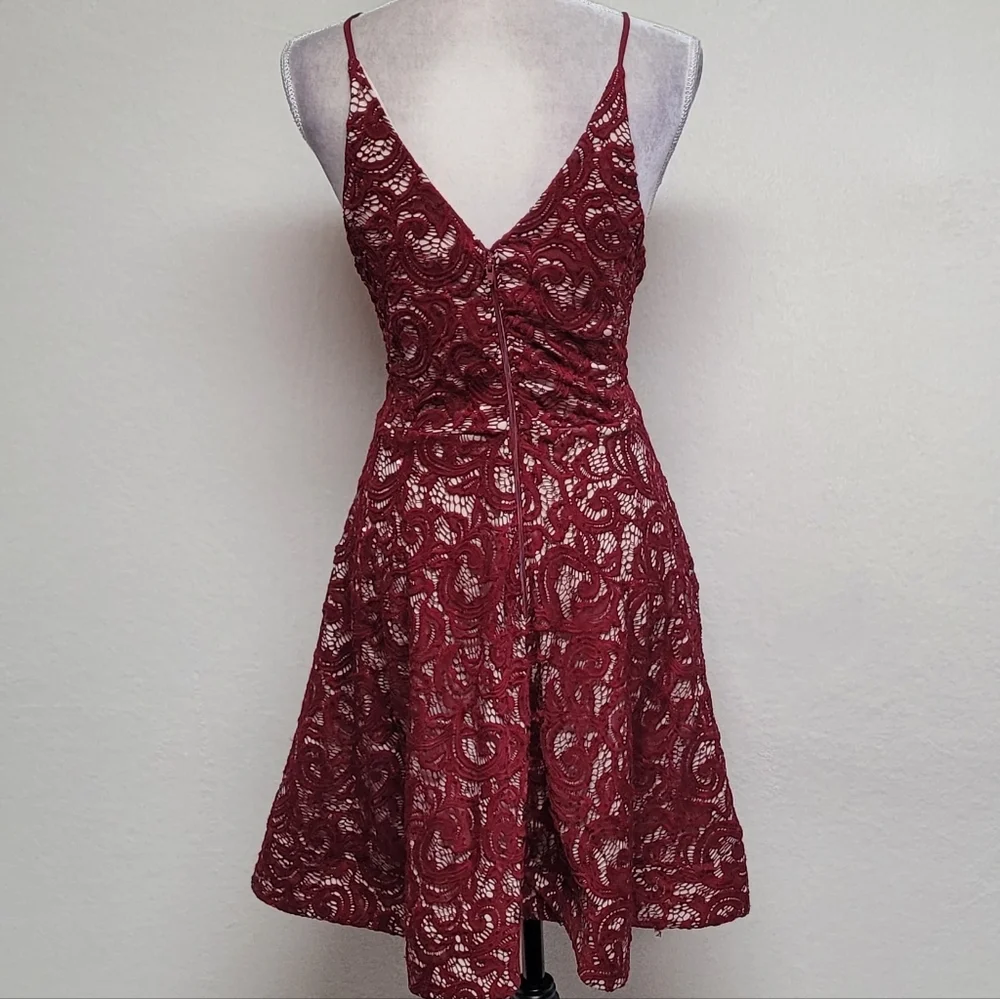 My Michelle Vintage Y2K Crimson Paisley Floral Lace Plunging Neckline Mini Dress